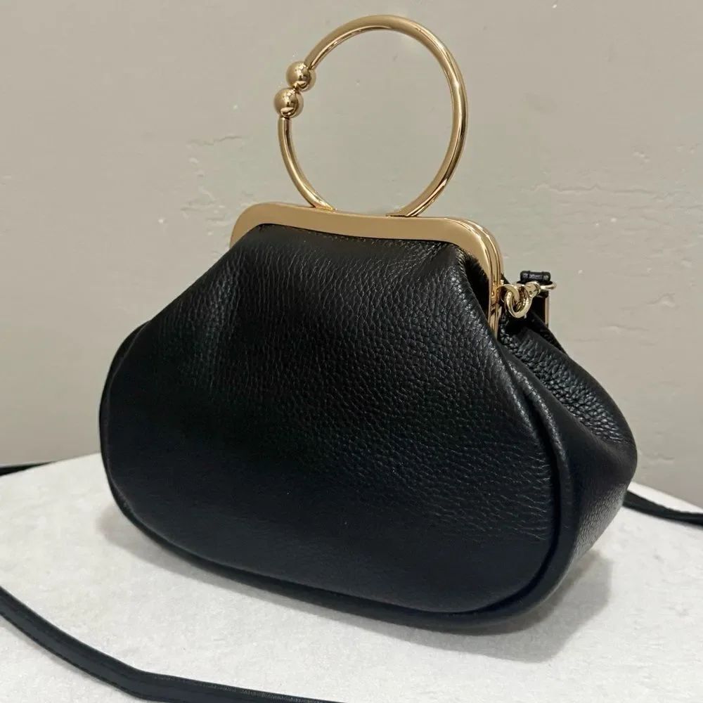 Black Genuine Pebble Leather Handmade Vintage Style Kiss-lock Wristlet/Crossbody